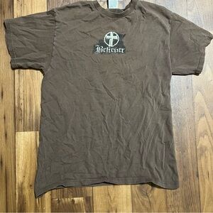 Vintage Believer Jesus Tee Shirt Size Medium Double Sided Christian Cross Brown